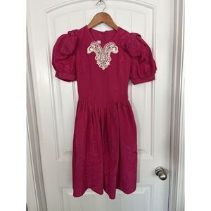 Vintage Jessica McClintock Lace Midi Dress Pink Fuchsia Sz 14 Puffed Sleeves Bow